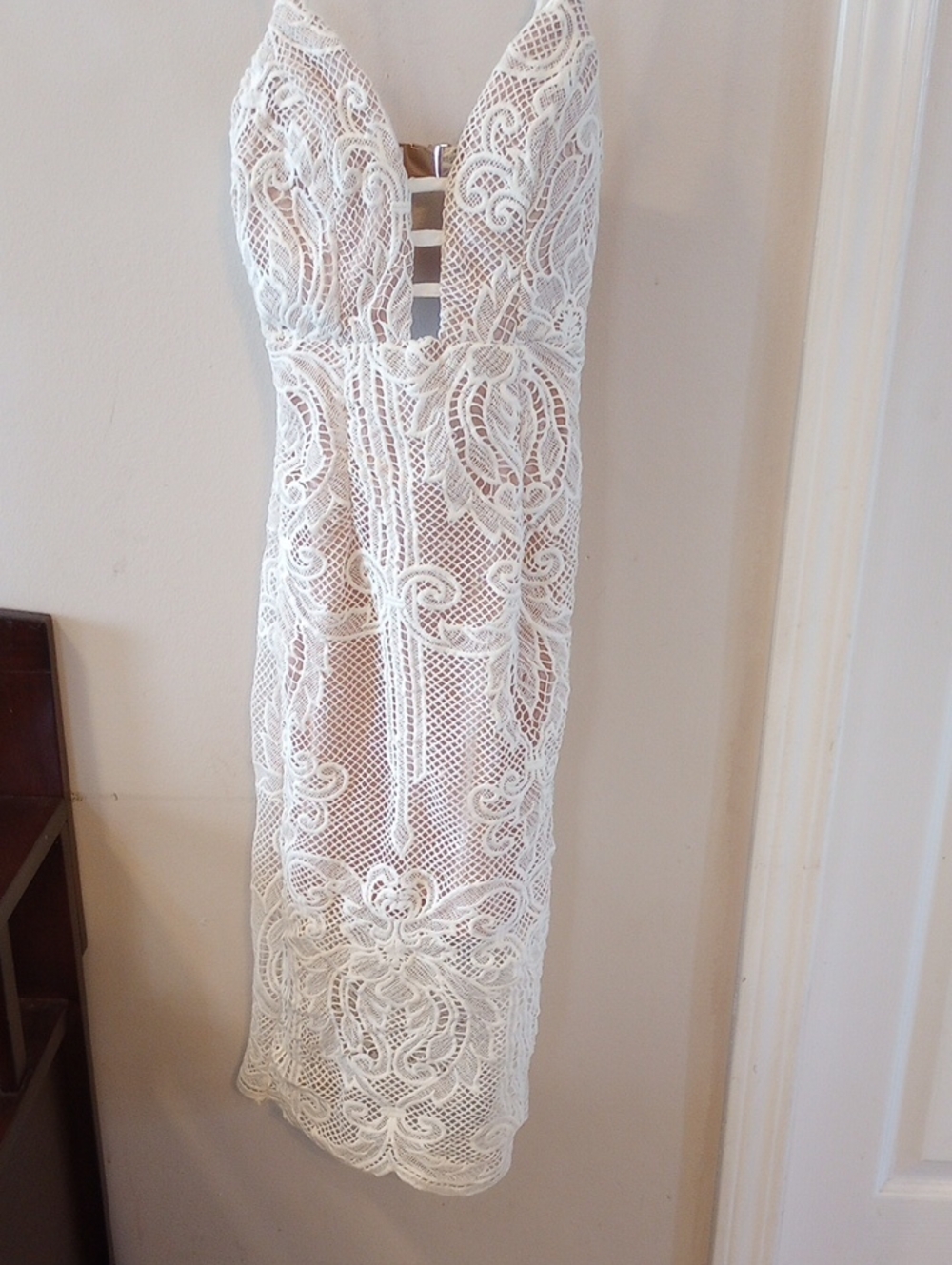 White Lace Plunge Midi Dress